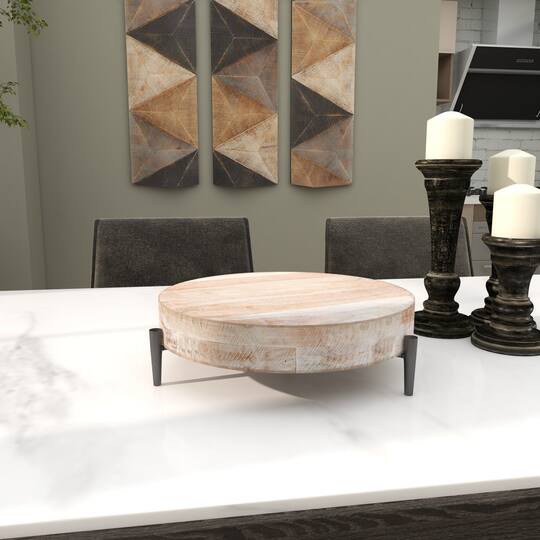 13" Cream Mango Wood Tray with Black Metal Leg